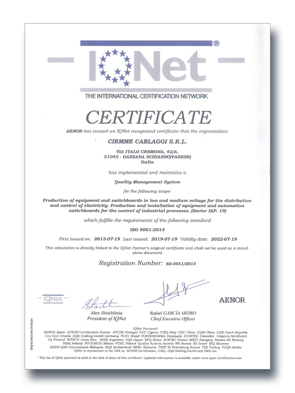 certificato IQNET CM cablaggi